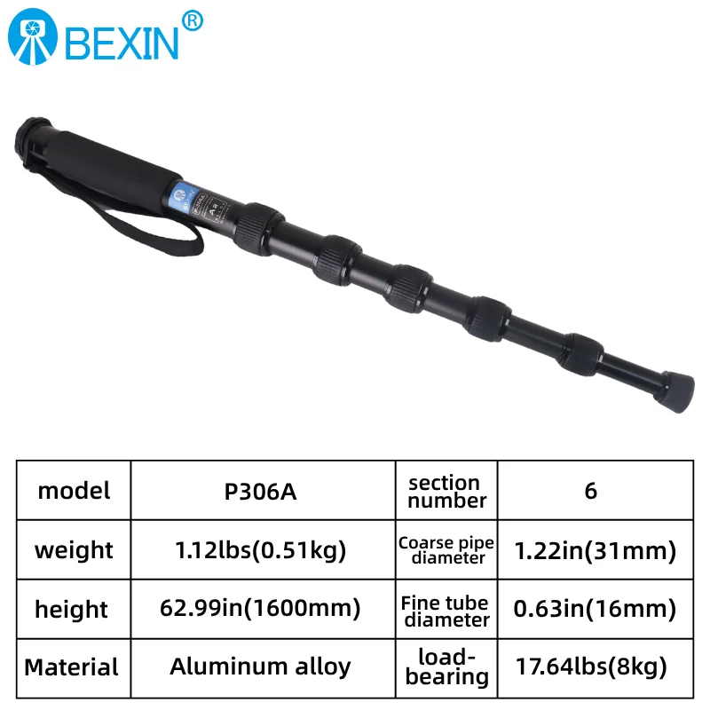BEXIN P306A 160cm Aluminium Alloy Monopod Tripod Stand For DSLR Camera 6 Sections Portable Lightweight Walking Trekking Stick
