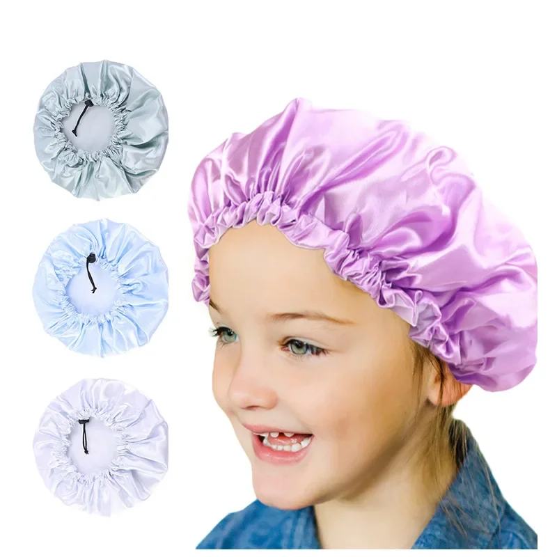 Children's Adjustable Satin Double Layer Shower Cap PE Waterproof Bath Cap Baby Swimming Cap Hair Care Hat