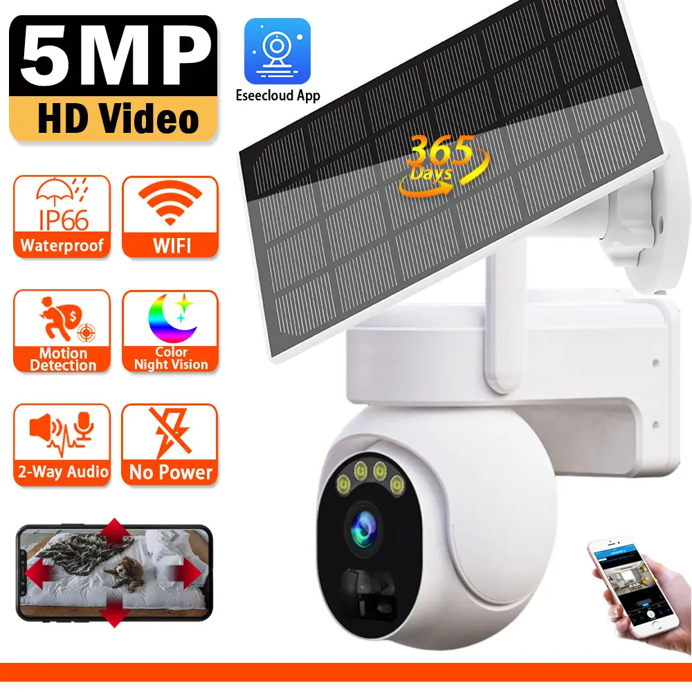 

5MP Solar WIFI Surveillance Camera Outdoor Smart PTZ Battery Wi-Fi Security IP Cameras Home HD Video Wireless CCTV 2-Way Audio