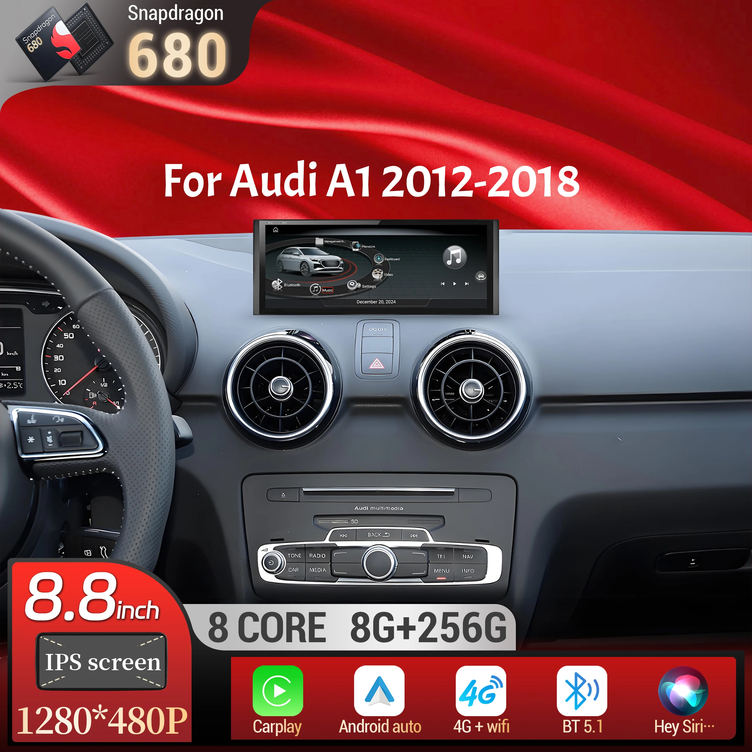 

8,8-дюймовый Android 14 для Audi A1 2012-2018, GPS, беспроводной Bluetooth, CarPlay, головное устройство, Qualcomm Snapdragon 680, сенсорный экран, стерео