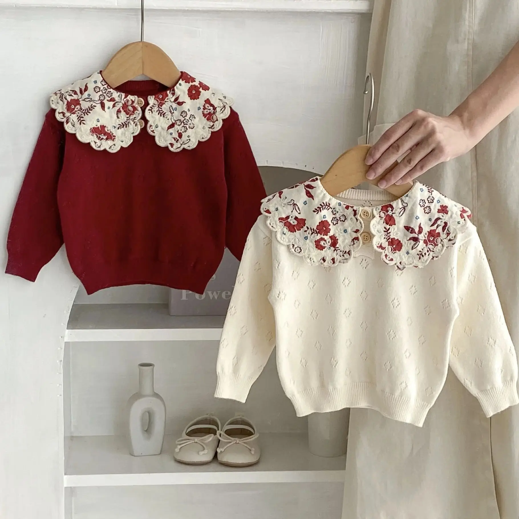 

Autumn Children's Sweater Long Sleeve Floral Doll Collar Pullover For Kids Girls Winter Warm Thick Causal Knitted Clothes