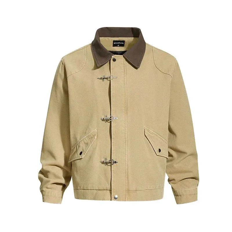 Casual Men Workwear Jacket American Style Personalized Button Decoration Trendy Washed Vintage Design Zipper Coats SG46
