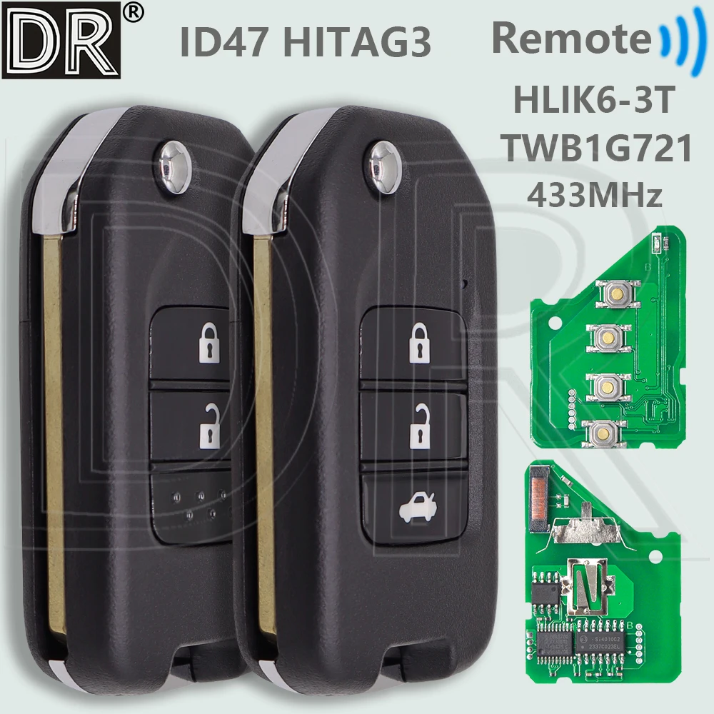 DR TWB1G721 A AFM HLIK6-3T G ID47 Chip 433MHz Flip Car Remote Key For Honda Accord Civic City CRV Vezel HR-V FRV Jazz XR-V