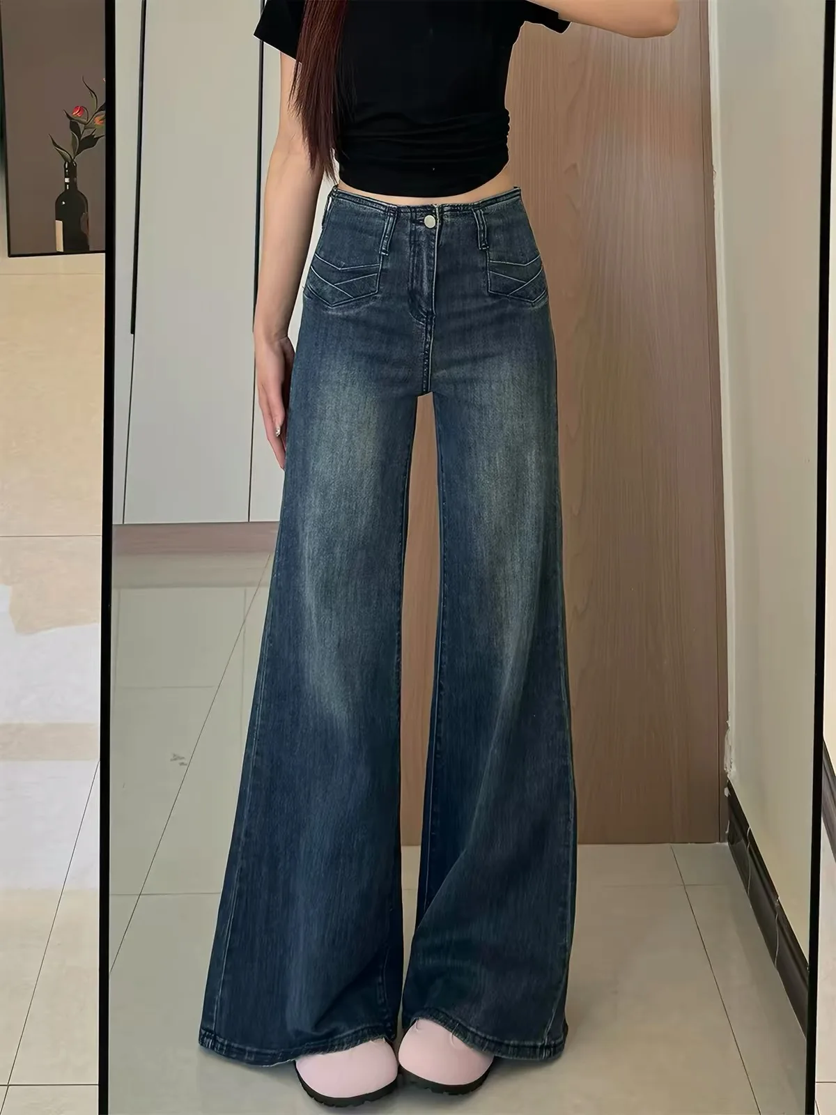 Retro Deep Blue Micro Flared Pants Women's Autumn New Style Pear Body Shape Drapey Slimming Lazy  Hoof Long Trousers
