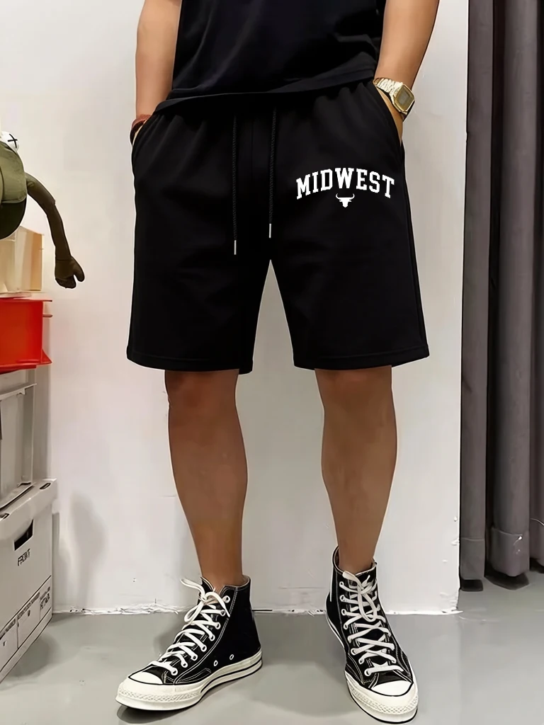 

Мужские спортивные шорты унисекс с принтом «Буквы и голова быка» и карманами, мягкие, в уличном стиле, для бега, базовые, оверсайз