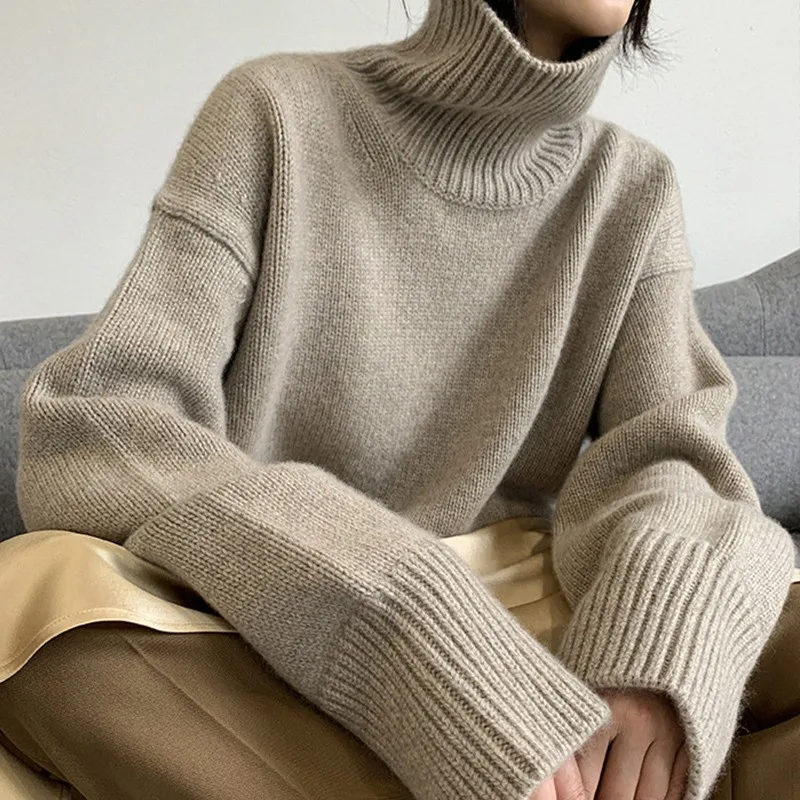 2022 Autumn and Winter New Thick Cashmere Sweater Women High Neck Pullover Sweater Warm Loose Knitted Base Sweater Jacket Tops