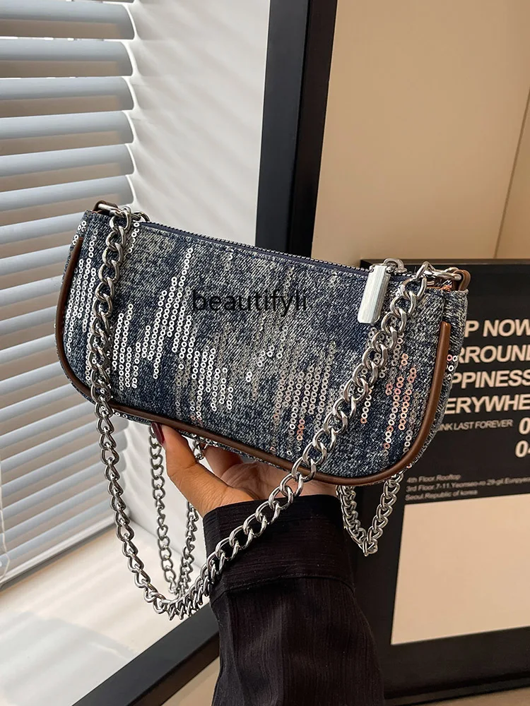 Denim Sequin Pouch Women's Summer New Shoulder Underarm Bag Special-Interest Design Chain Crossbody Small Square Bag