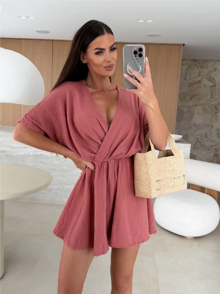 Summer Fashion New Jumpsuit V-neck Short Sleeve Solid Color Waist Loose Casual Women One-piece Shorts Suit Holiday Playsuit