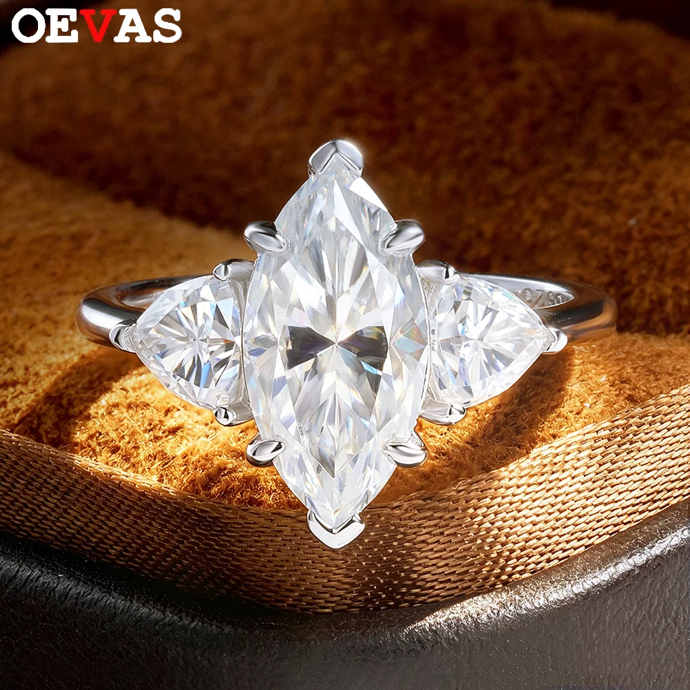 

OEVAS Real 3CT Marquise Cut Moissanite Ring for Women S925 Silver Sparkling 3 Stone Pass Diamond Test Wedding Band Fine Jewelry