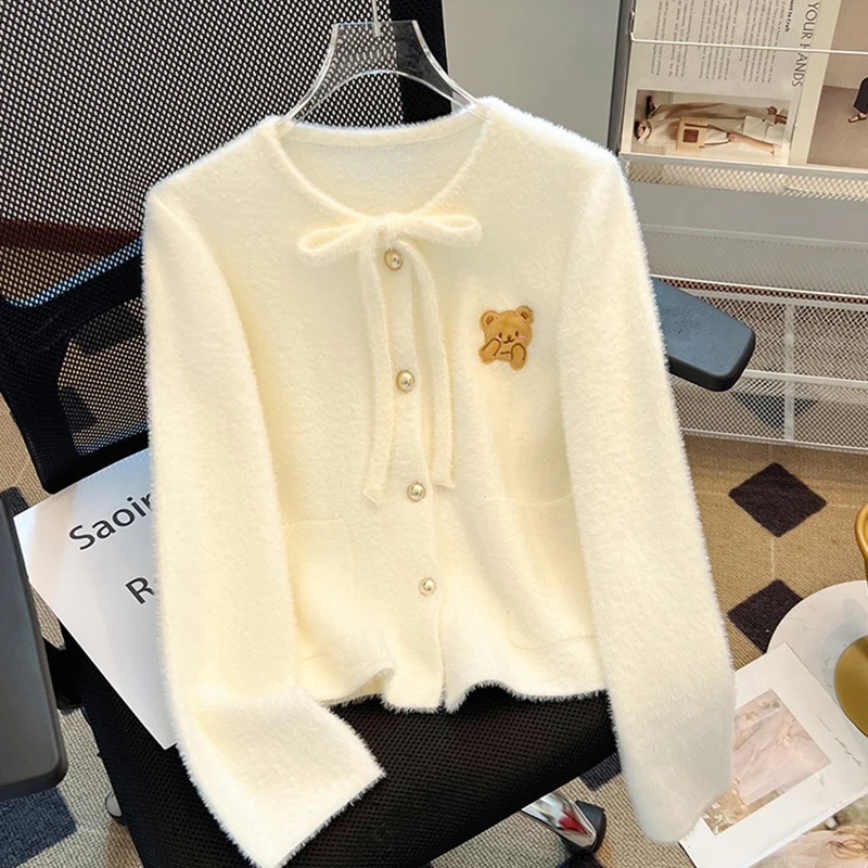 

Korean Vintage Sweet Knitted Cardigan Women Coats 2025 Autumn New Fashion Imitation Mink Fleece Sweater Cardigan