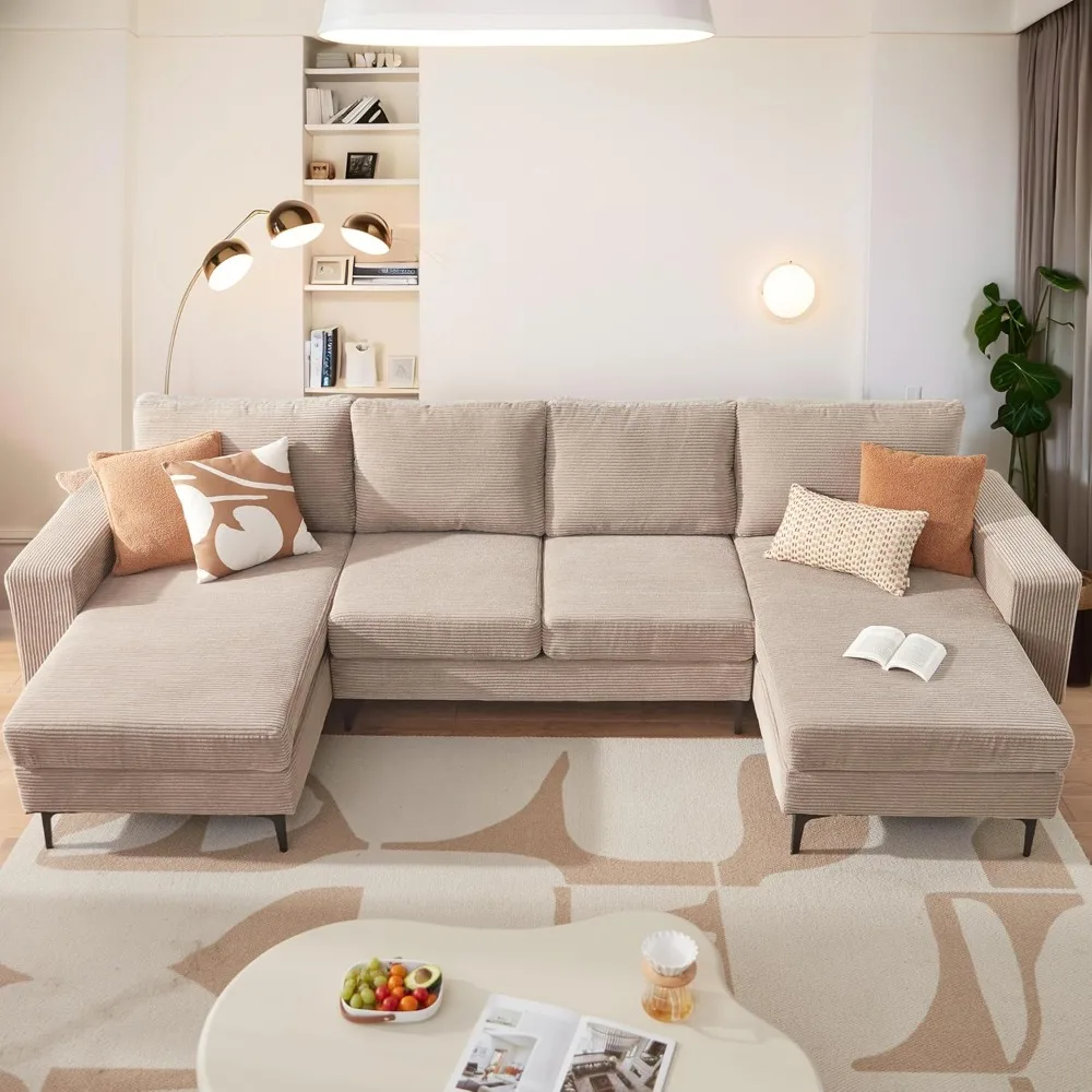 

Modern U-shaped sofa with comfortable chaise longue, comfortable sofa and deep padded seat, camel color, corduroy fabric