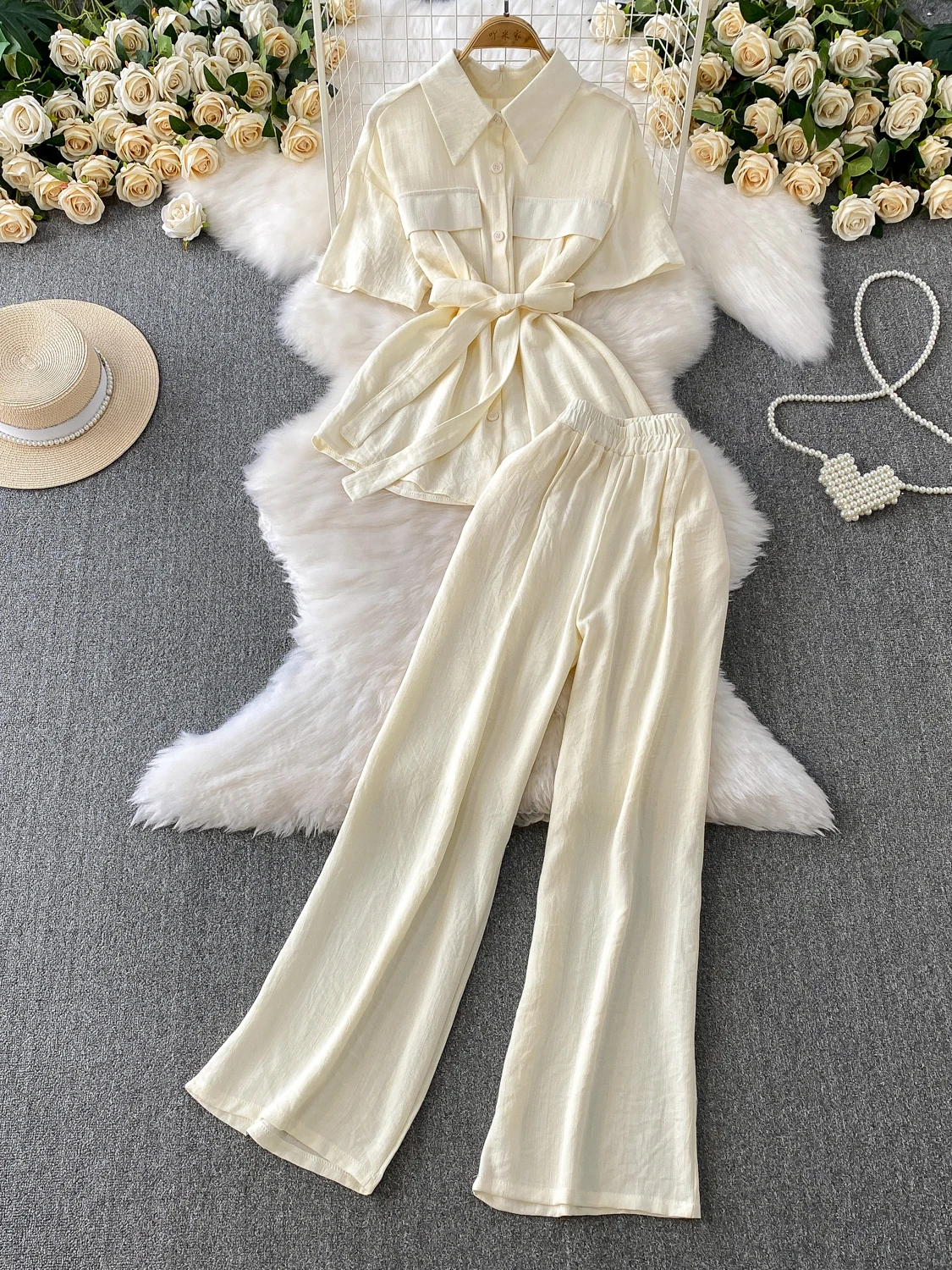 

Ele Single-Button Collar irt Women's High Waist Slimming Wide Leg Pants Two-Piece Set Summer Faion Ensemble