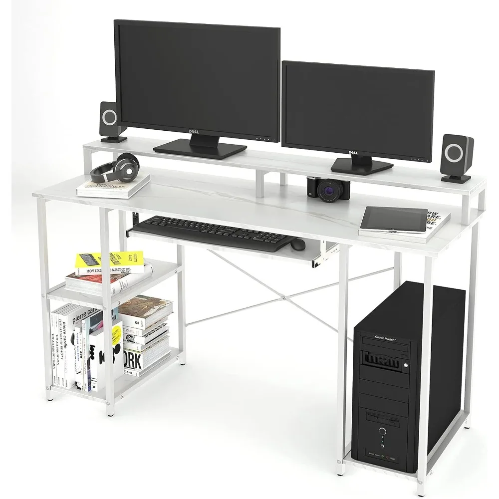 Computer Desk with Storage Shelves/24.5in Keyboard Tray/Monitor Stand Study Table for Home Office54*19inch, White Marble Texture