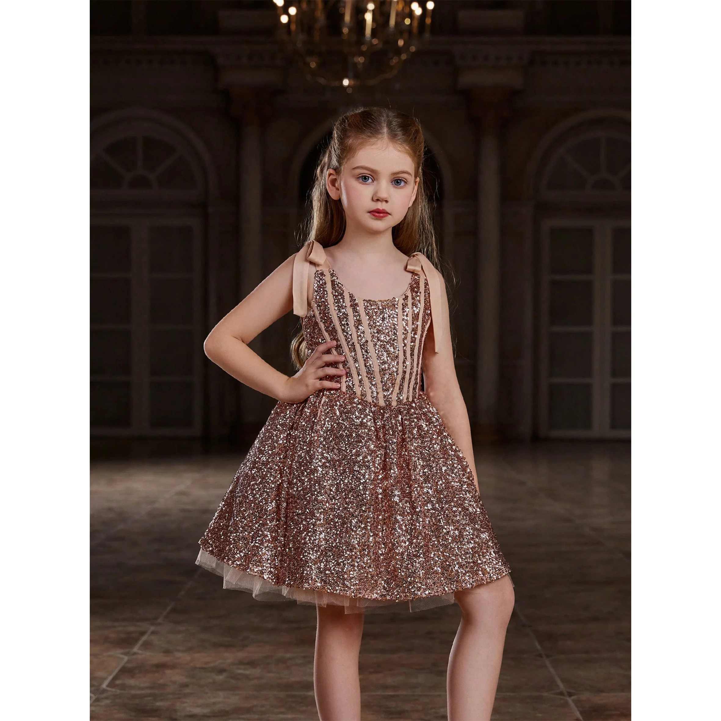 

Girls' Sleeveless Shoulder Tie Midi Sequin Party Dress