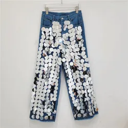 Personalized Sequins, Handmade Beads, Heavy Decoration, Straight High-waisted Jeans, Trendy Long Pants for Women