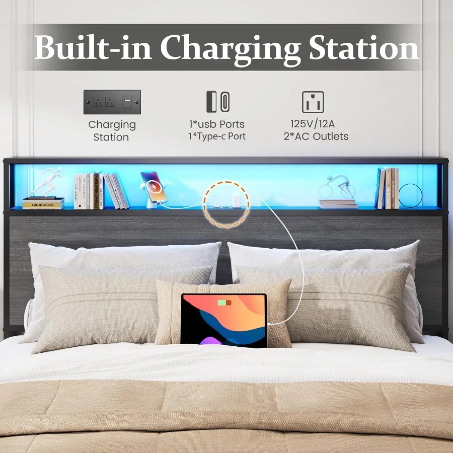 إطار سرير كوين مع لوح رأسي للتخزين من طبقتين لغرف النوم الحديثة: هيكل معدني مع أدراج تخزين مخفية مدمجة بمنفذ USB