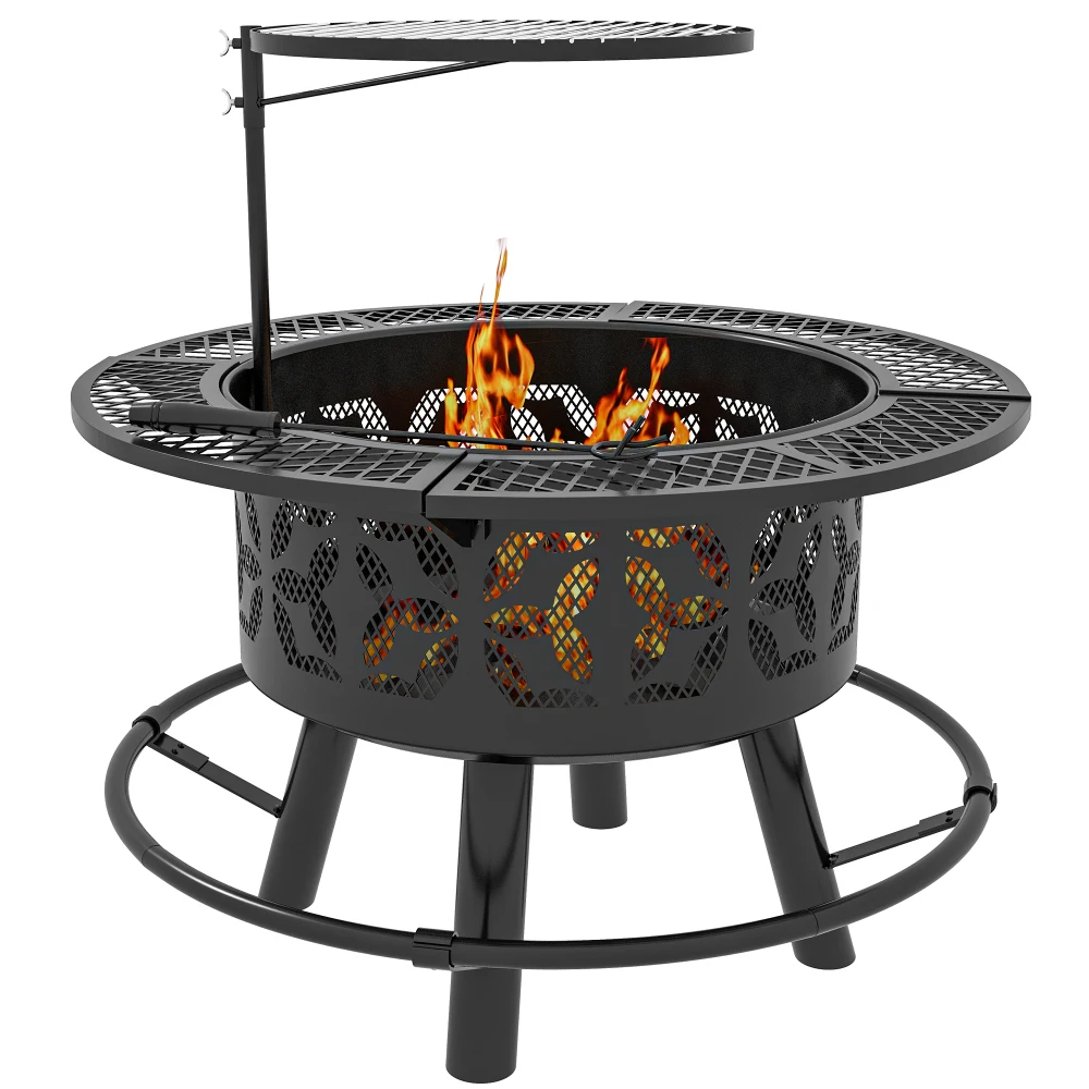 

Outsunny 2-in-1 Fire Pit, BBQ Grill, 33" Portable Wood Burning Firepit with Adjustable Cooking Grate, Pan and Poker