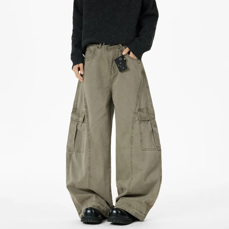 

American Style Deconstructed Curved Knife Cargo Pants Men Loose Wide Leg Baggy Overalls New Trendy Big Pocket