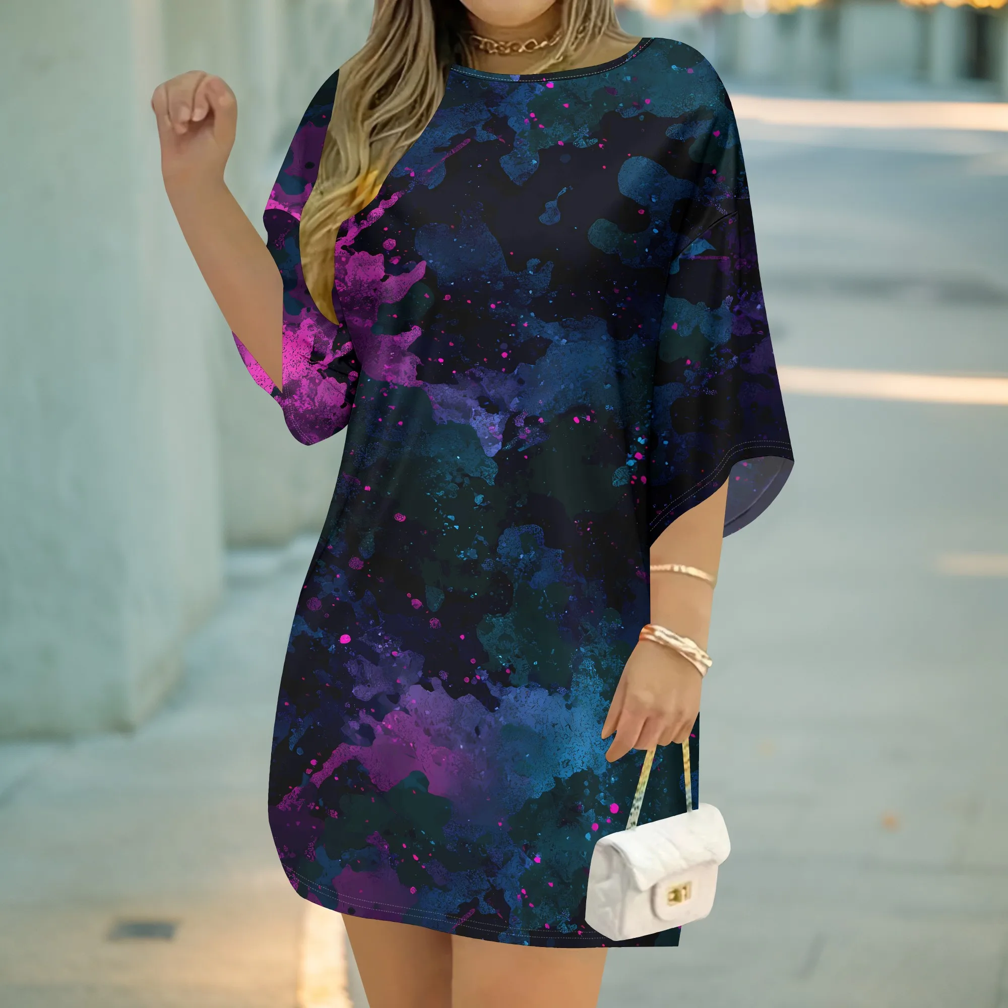 Galaxy Print Dress, Abstract Splatter Pattern Tunic, Colorful Space Nebula Top, Short Sleeve Shift Mini Dress for Women, XS-3XL