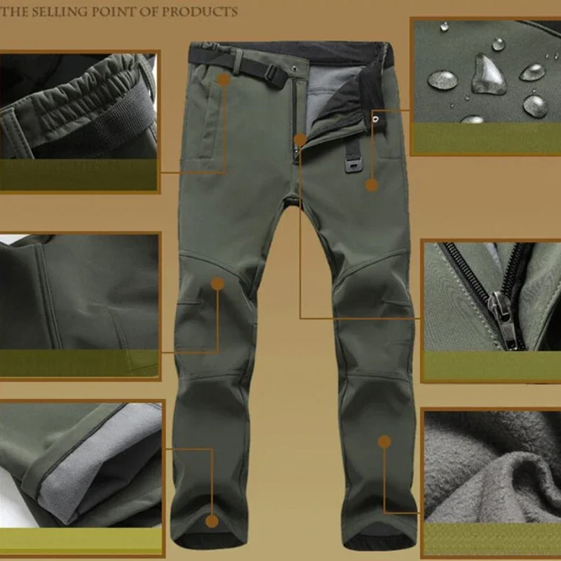 تمتد السراويل المقاومة للماء الرجال الشتاء عادية سميكة الدافئة الصوف القرش الجلد السراويل الذكور سترة واقية Sweatpants الرجال السراويل التكتيكية #1