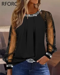 2023 Women Glitter Rhinestone Decoration Round Neck Causal Black Blouse Top