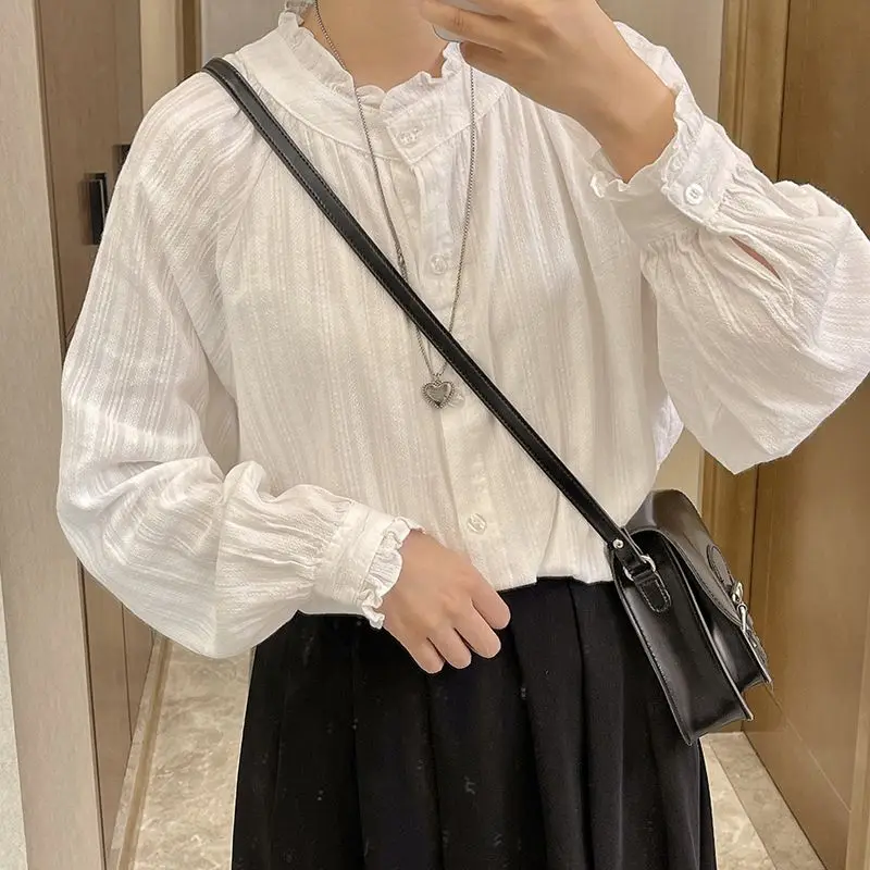 2023 New Spring Solid Color Shirt Long Sleeved Women's Standing Collar Wooden Ear Commuter Bottom Loose Art Retro Small Fresh