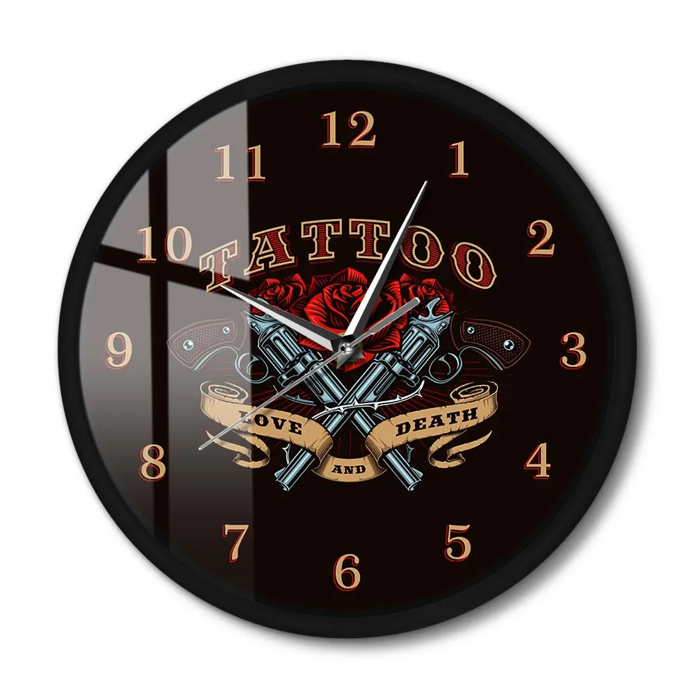 Pistol And Rose Love And Death Tattoo Studio Sign Metal Frame Round Clock Silent Wall Watch Man Cave Tattoo Studio Wall Decor