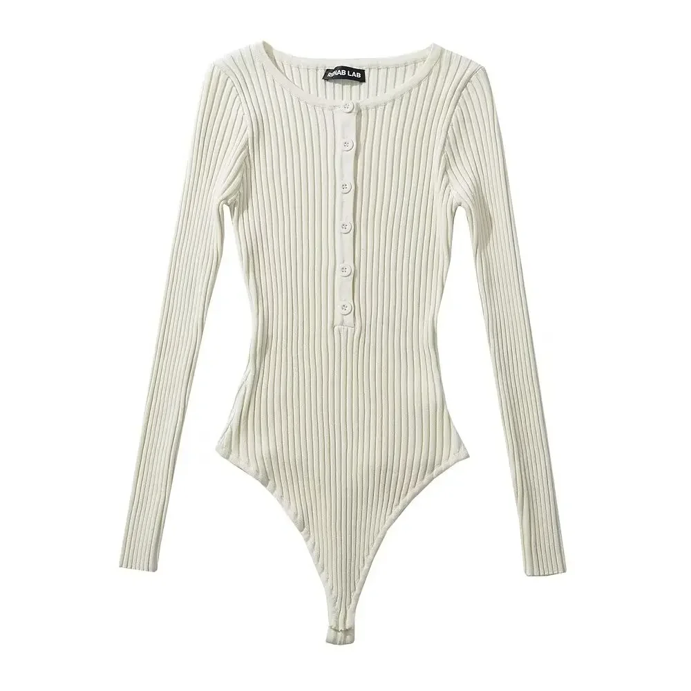 Body da donna in tinta unita a maniche lunghe lavorato a maglia a costine Top slim elasticizzati body mujer