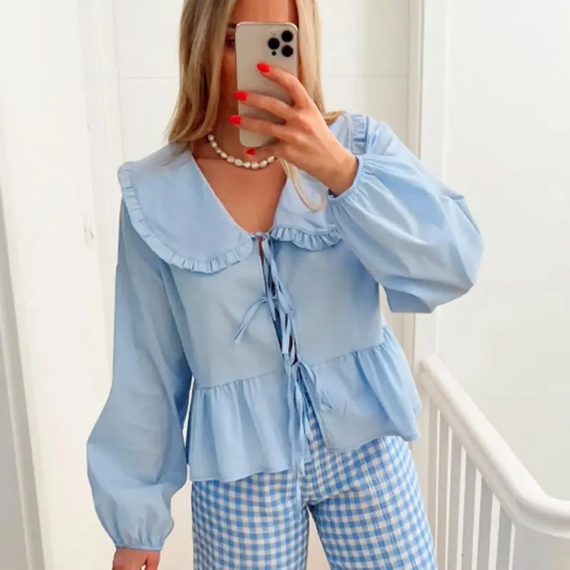 

Summer Casual Shirt Lapel Lantern Long Sleeve Lace-up Closure Shirt Solid Color Ruffle Hem Casual Loose Fit Women Shirt Tops