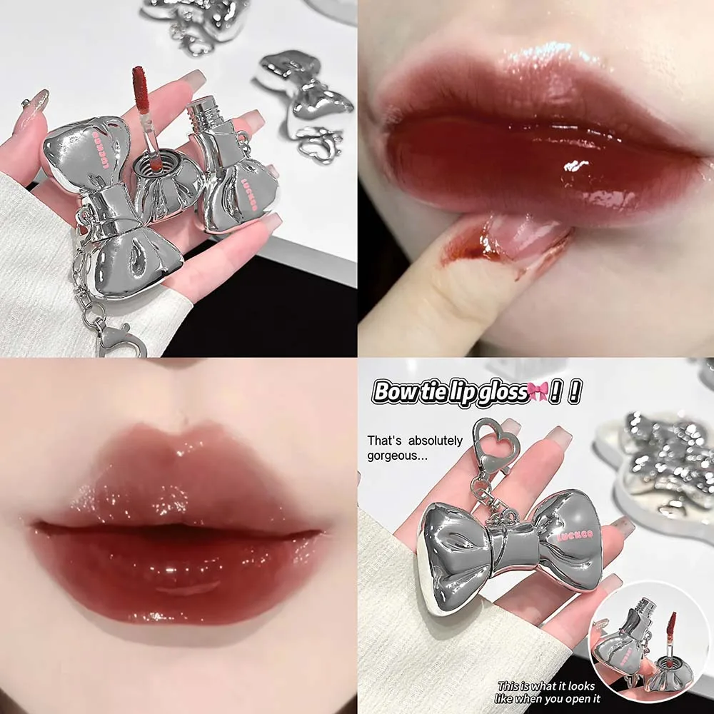 LUCKGO Bow Lip Gloss Keychain High Shine Moisturizing Lip Glaze Non Sticky Glossy Lip Tint Portable Bag Charm Makeup