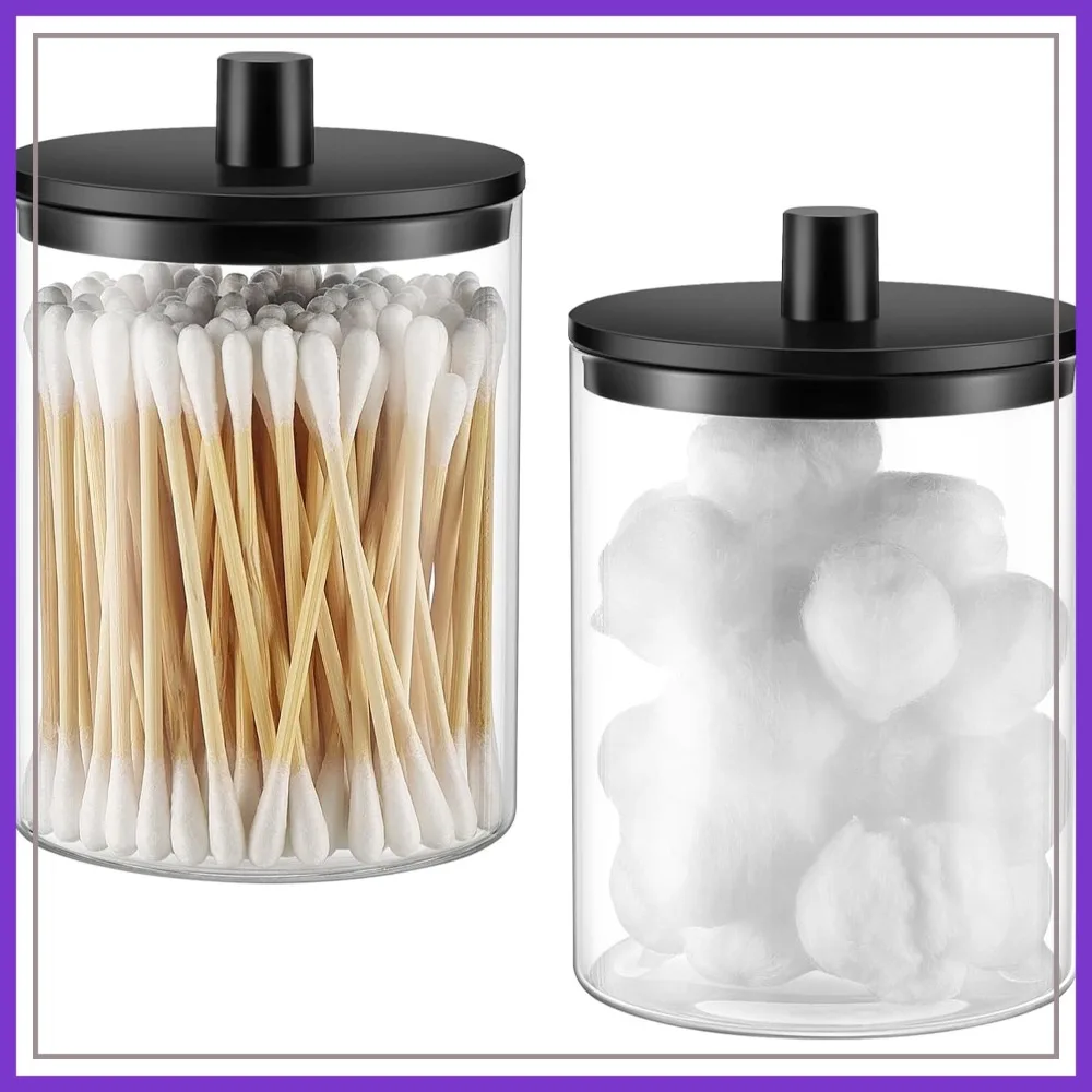 

Glass Qtip Holder Dispenser - 10 oz Clear Canister, Bathroom Vanity Storage for Cotton Swabs, Pads, Floss Picks, 2 Pack Black