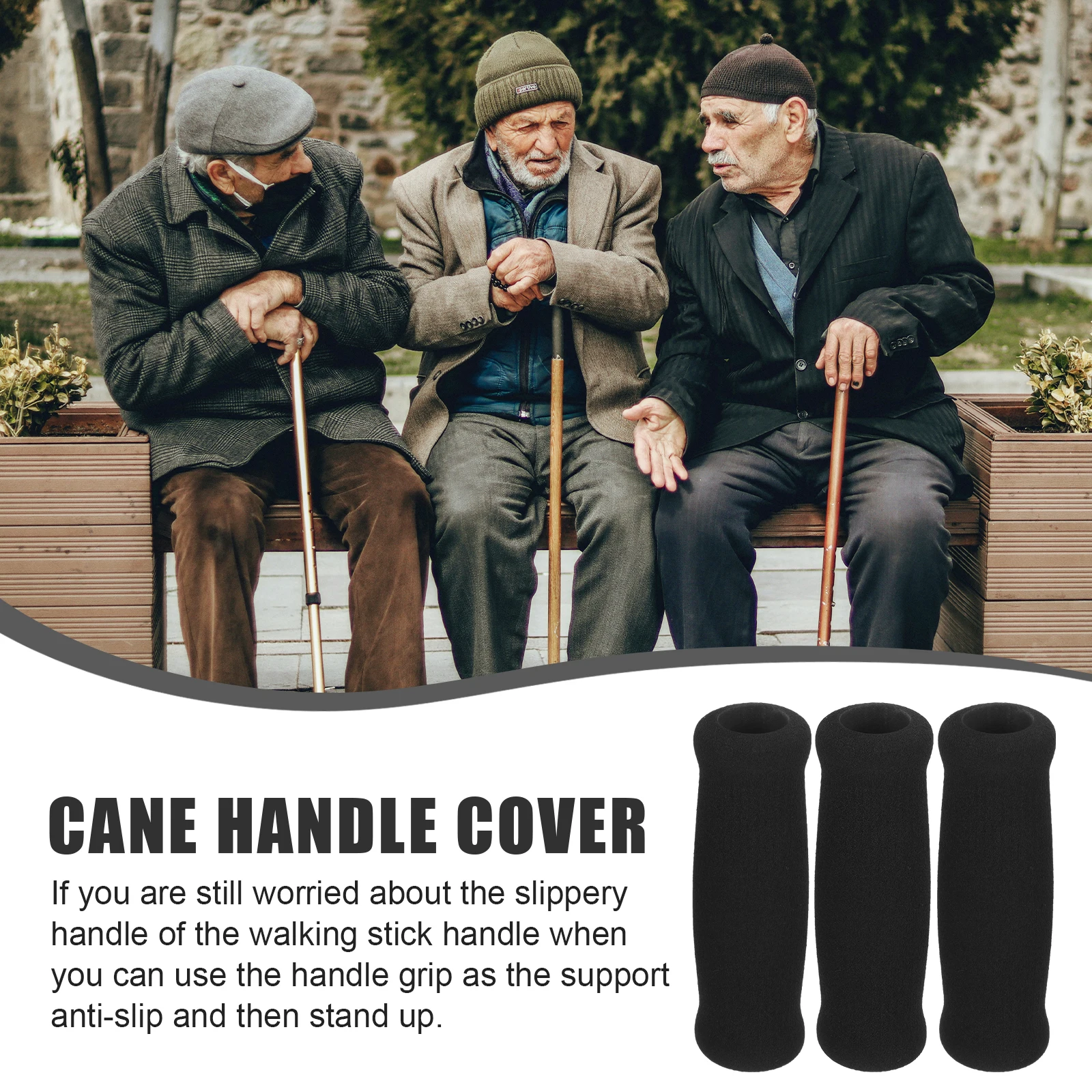 

3pcs Black Hiking Pole Handle Cover Cane Grab Rubber Grip Cushion Attachments Walking Canes Stick Anti Skid Crutch Handles Hand