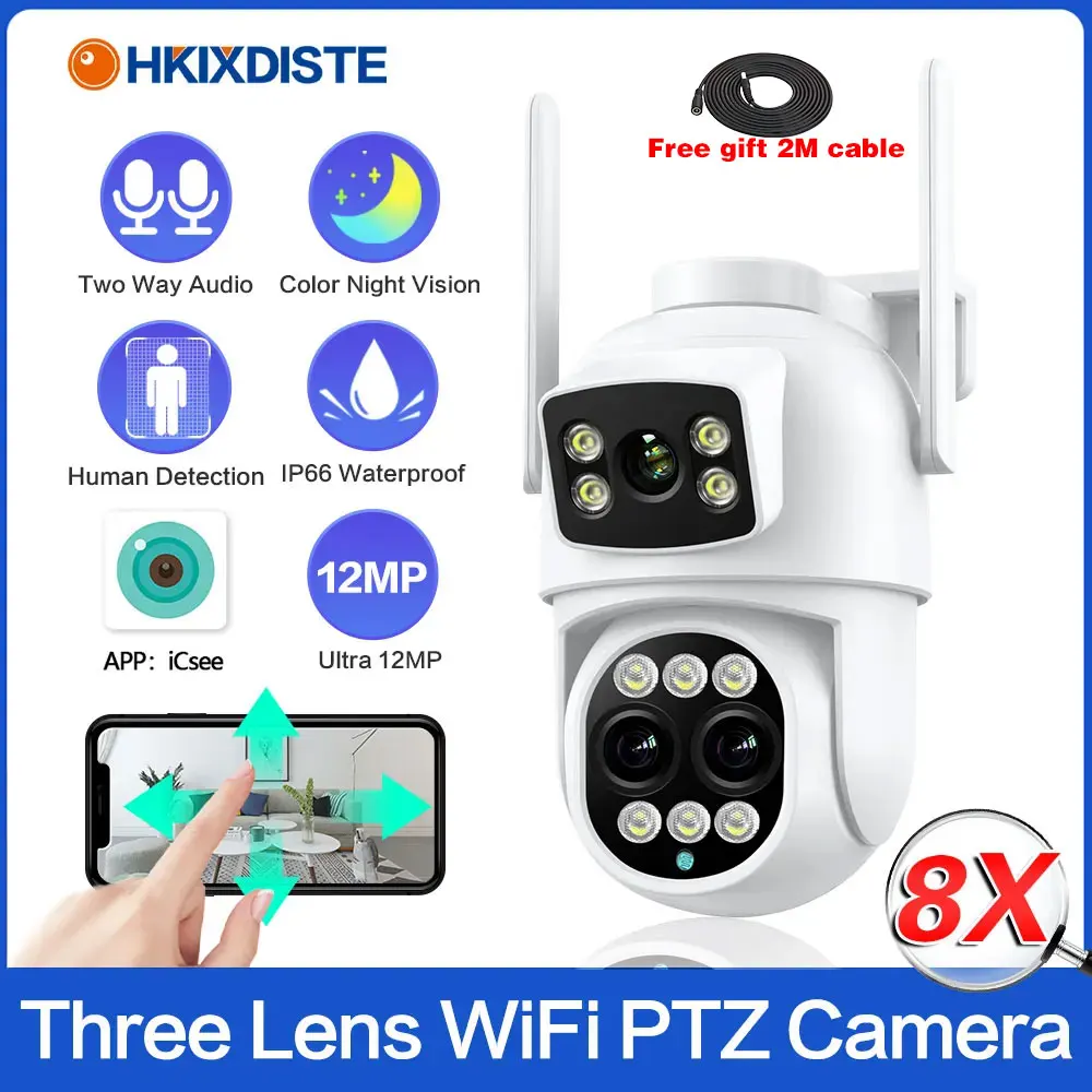 

IP Camera 12MP 4K WiFi Outdoor Camera 8x Zoom Three Lens Dual Screen Auto Tracking Home Security CCTV Surveillance Camera ICSEE