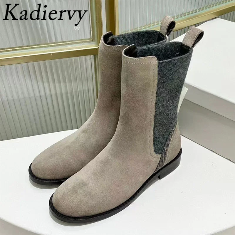 

Classics Chelsea Boots Women Round Toe Slip-on Short Boots Flat Shoes Woman Cow Suede String Bead Motorcycle Boots Woman