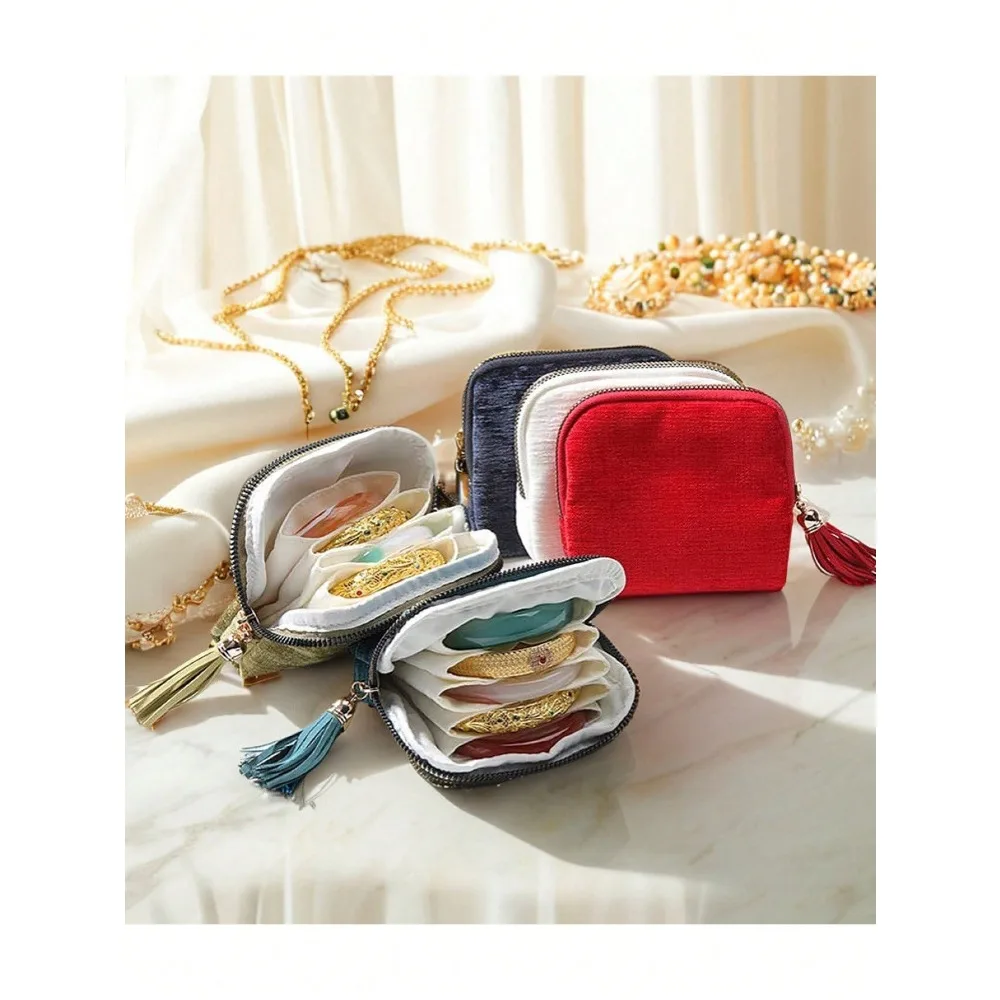 

1/2pcs Luxury Jewelry Storage Bag With Tassel Decor - Multi-Compartment Fabric Organizer Pouch For Necklaces, Bracelets, Earring