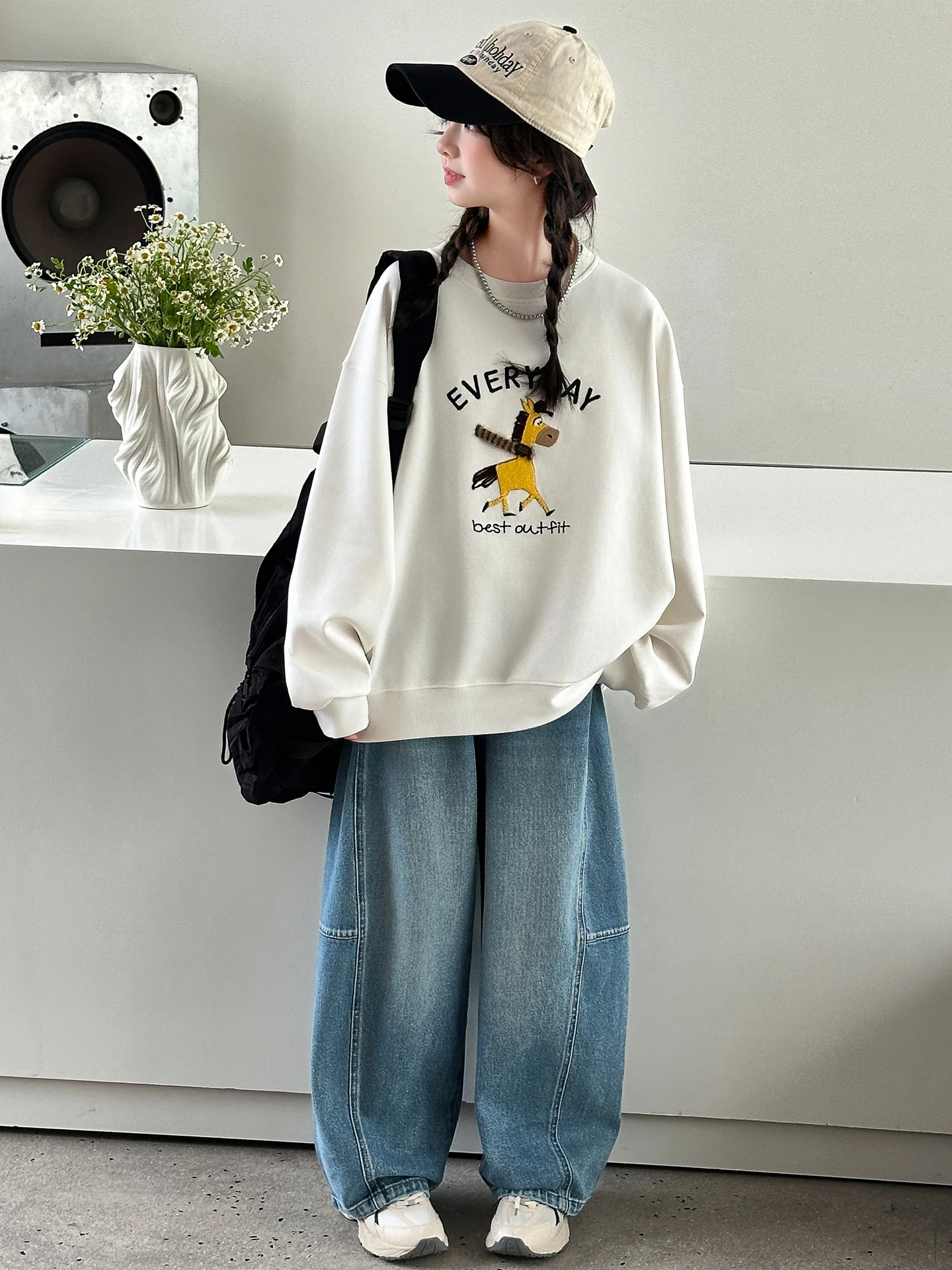 

Girls Casual Faionable Spring Autumn Outfit Two Pieces Set Long Sve Sweatirt And Denim Jeans Kids Comfortable Clothing
