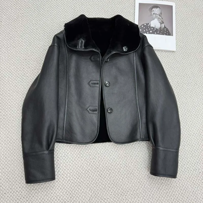 women coat spring natural real sheep fur jacket turn-down collar clothes short length thick warm Single-row buckle