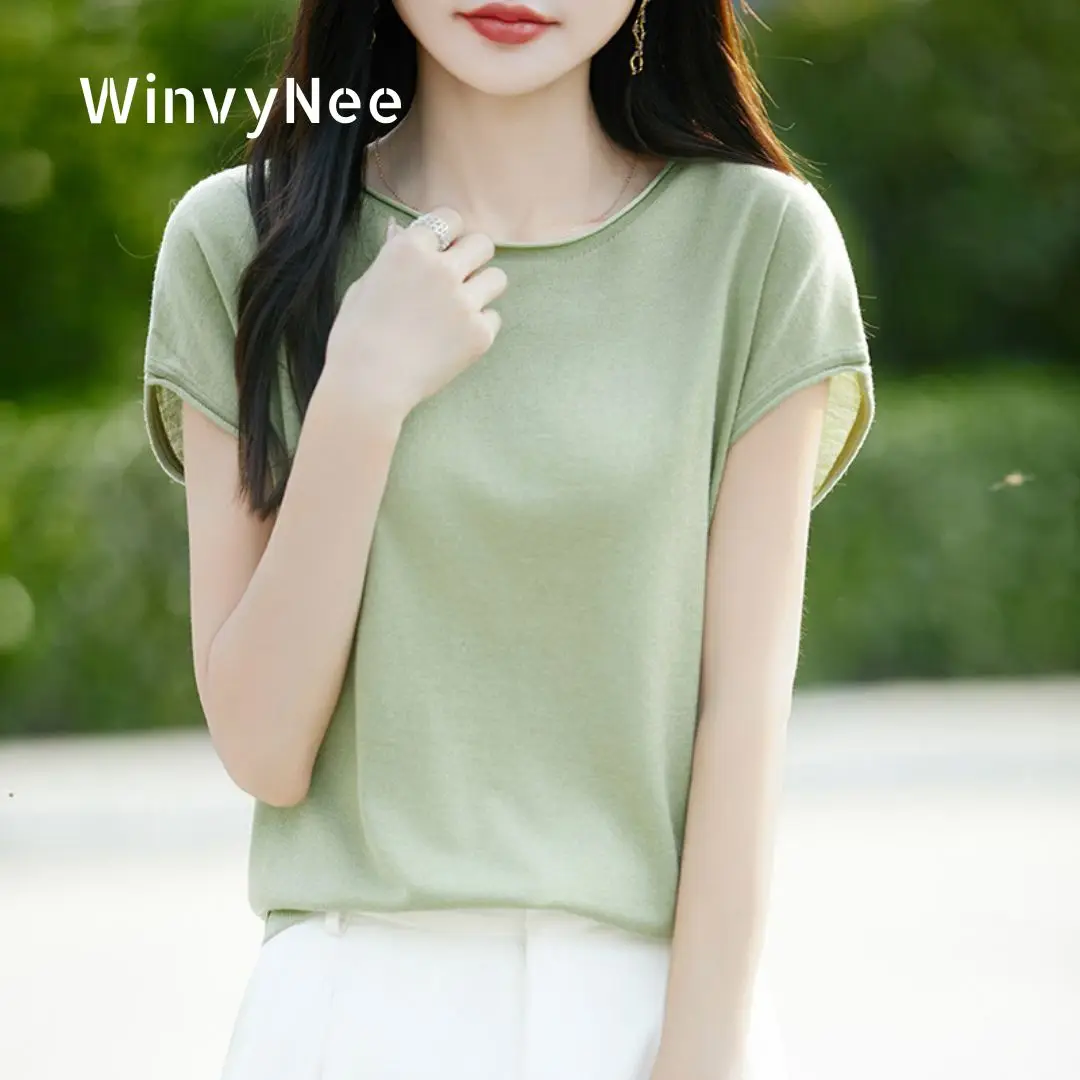 

Женская одежда WinvyNee: Трикотажный топ из тонкой чесаной шерсти с круглым вырезом и закатанным краем, приталенный, стильный, для весны и лета, повседневный ZA1677001