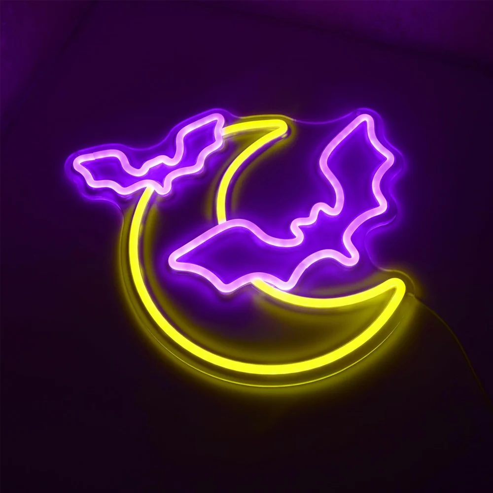 Halloween Decorations Neon Signs,Moon and Bat LED Light,Neon Light up Halloween Party,USB Powerd Gothic Neon Lamp for Wall Decor