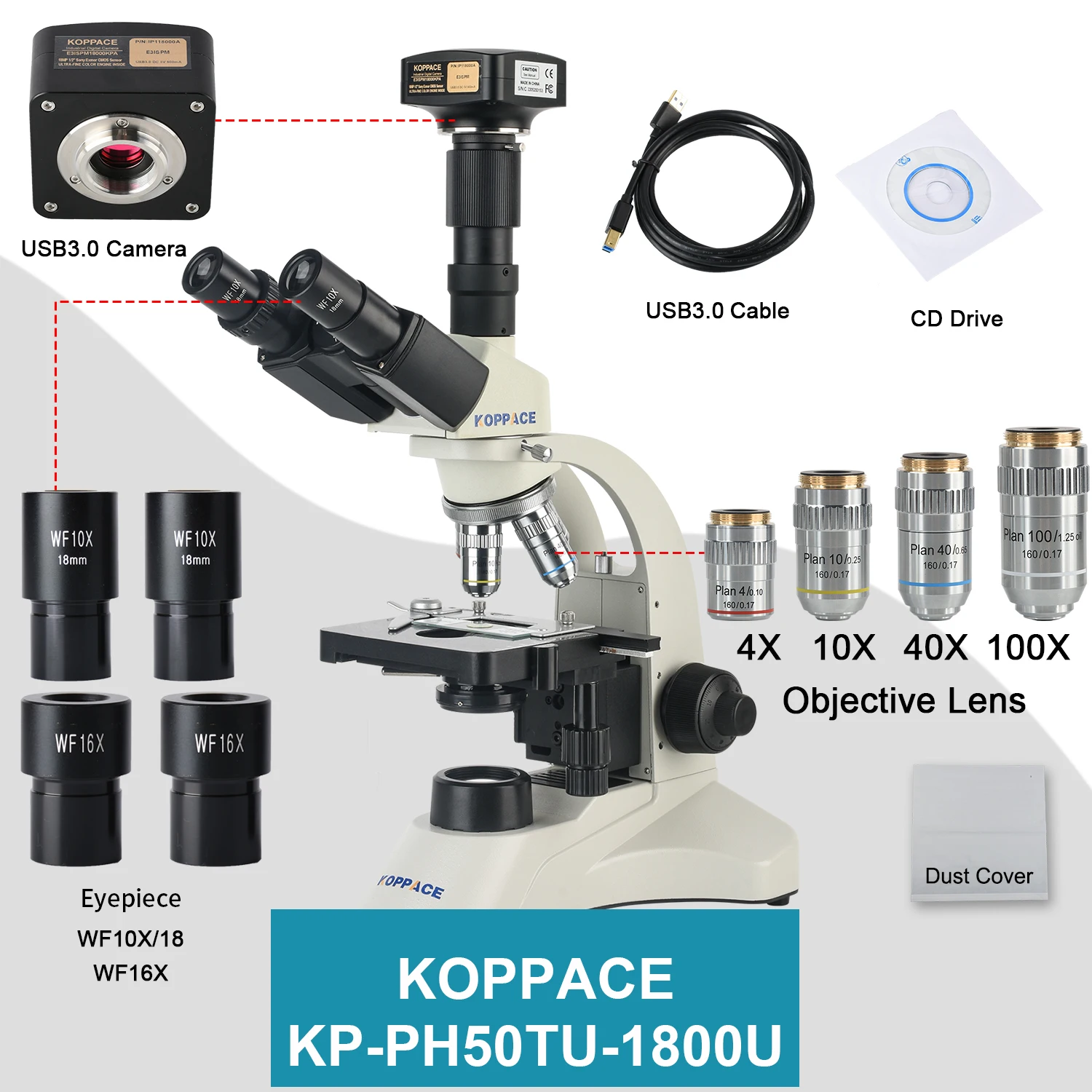 KOPPACE 290X-7400X Trinocular Compound Lab Microscope Flat Field Achromatic Objective 25 Million Pixels USB3.0 Camera
