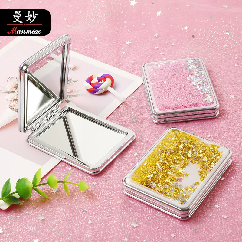 [Buy 1 get 1 free] Fashion Internet celebrity quicksand makeup mirror mini mirror girl heart clamshell double-sided folding portable small round mirror