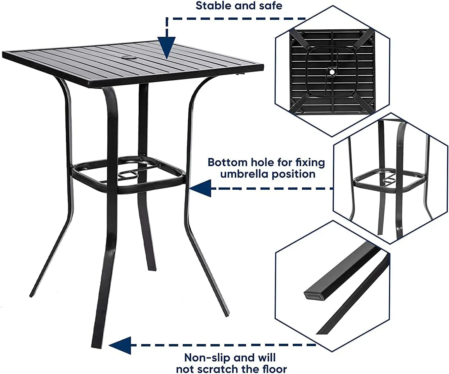 Oakcloud-Patio Square Height Bar Table, Outdoor Metal Frame, Bistro Mesa com Umbrella Hole, 39 "Height Coating, Old Craft,Rust-Proof