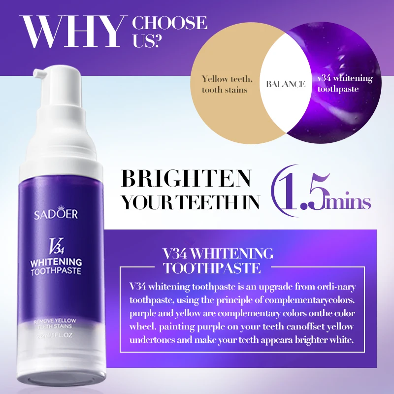 SADOER V34 Toothpaste Stain Removal for Brighter Teeth, Enamel Safe Formula Fresh Mint Fluoride Toothpaste 28/30ml