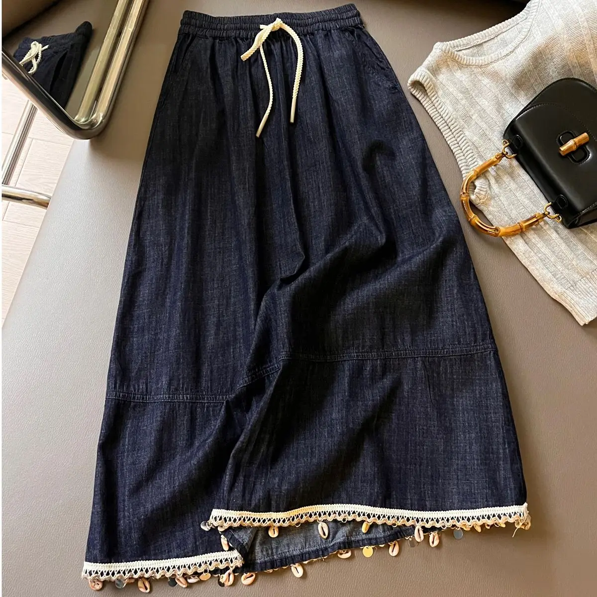 

Women's Lace Trim Denim Skirt Drawstring Waist A-Line Soild Color Dresses Casual Commuting Mid Length Beach Skirts