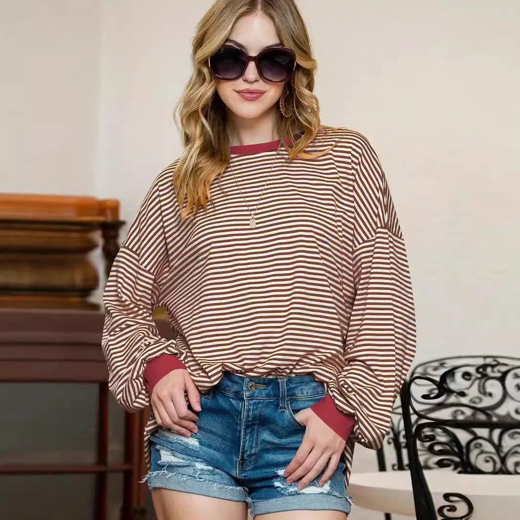 Neue Frühling Herbst frauen Langarm Tops dame Casual Lose Sweatshirt Weibliche Oansatz Streifen Pullover frauen Kleidung