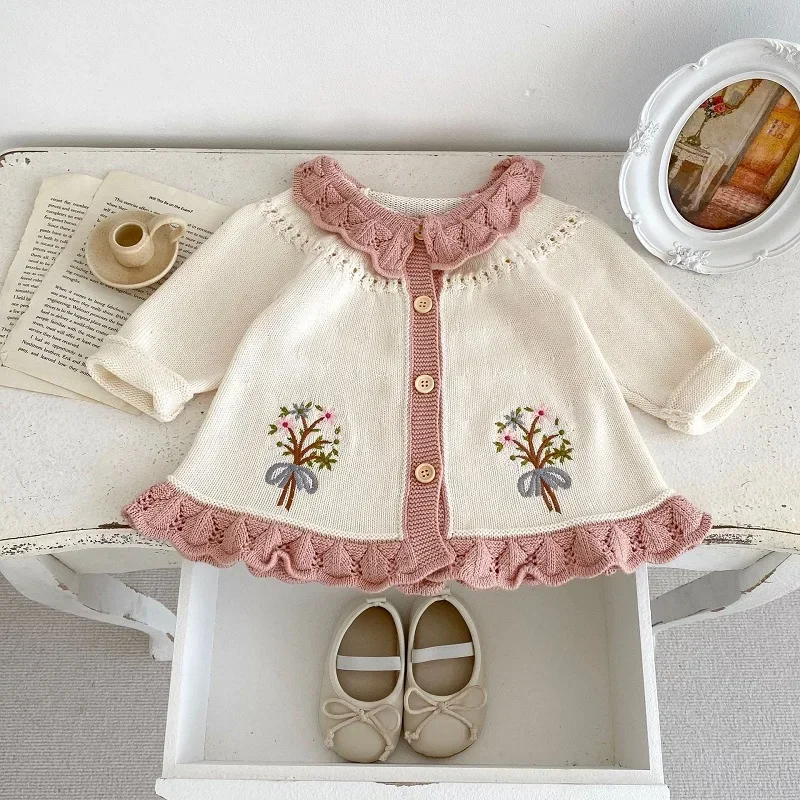 Princess Baby Girl Sweater 0-4Years Newborn Kids Long Sleeve Embroidery Flower Knitted Cardigan Coat Outwear Autumn Clothes