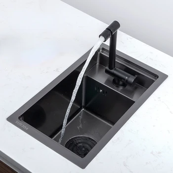 حوض مطبخ أسود مخفي ، حجم صغير ، وعاء واحد مخفي ، بالوعة بار ، الفولاذ المقاوم للصدأ ، شرفة