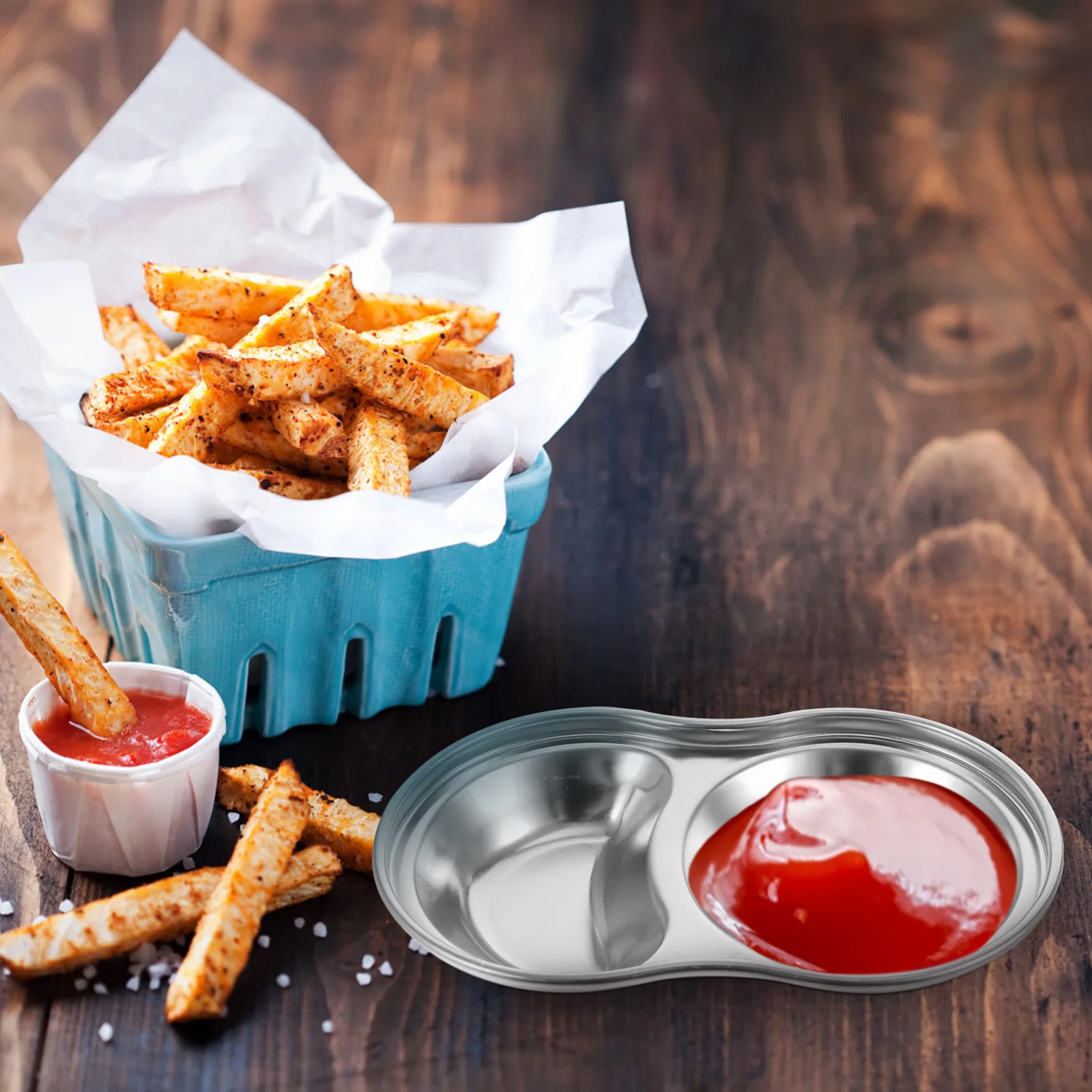 

4Pcs Stainless Steel Double-Grids Kitchen Seasoning Plates Barbecue Dipping Dishes Multi-Function Condiment Saucer for Family