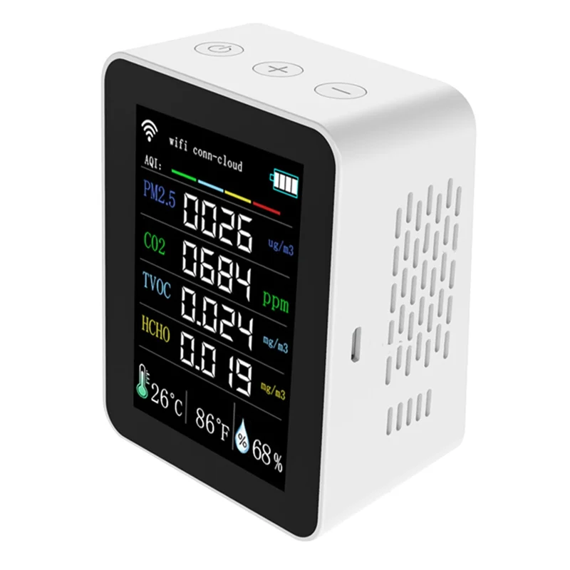 Tuya 7 in 1 WIFI Air Quality Detector CO2 Tester PM2.5 TVOC CO2 CH2O Formaldehyde Monitor TFT Display Air Tester,White