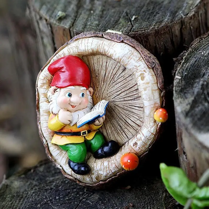 Dwarf Reading Garden Ornaments Resin Elf Garden Decoration Patio Courtyard Corner Wall Tree Hanging Gnomes Weather Resistant